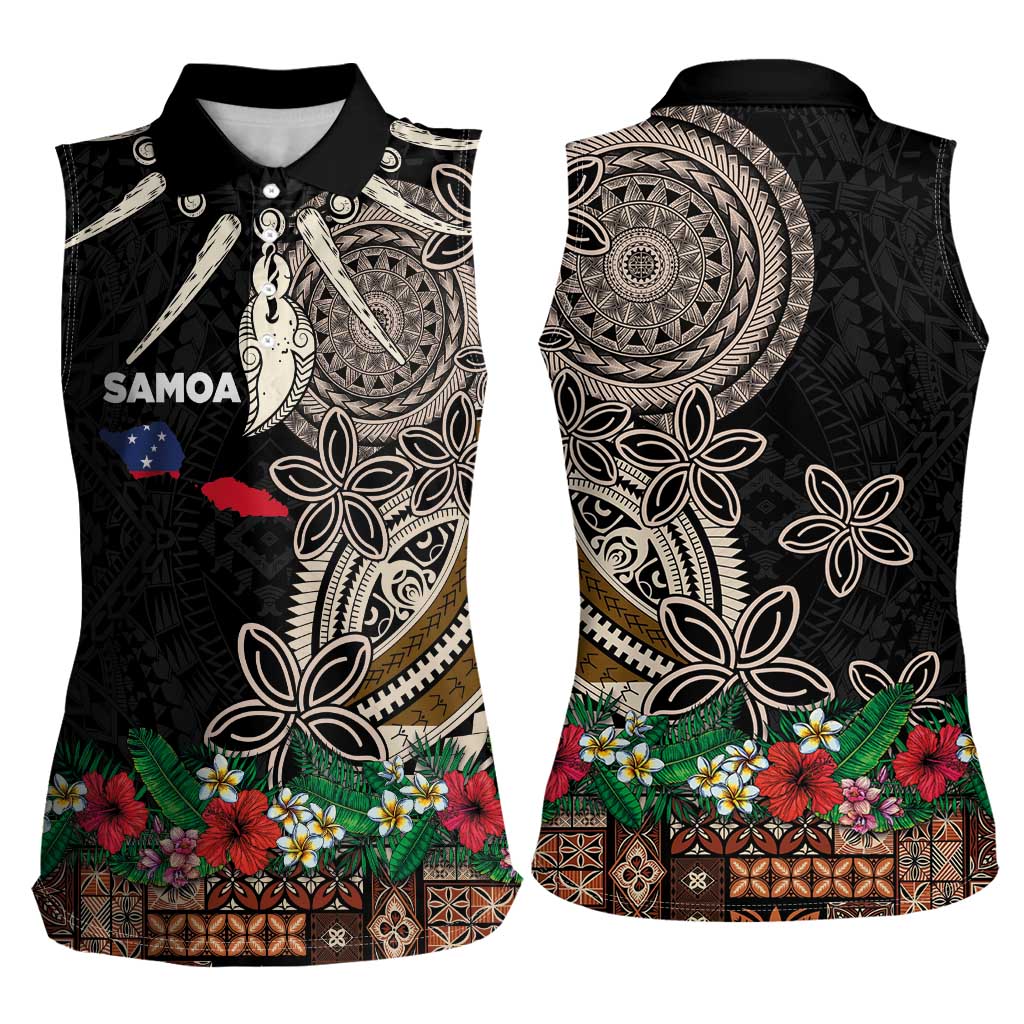 Samoa Siapo Polynesian Art Women Sleeveless Polo Shirt Tropical Flowers and Tatau Pattern Brown LT03 - Polynesian Pride