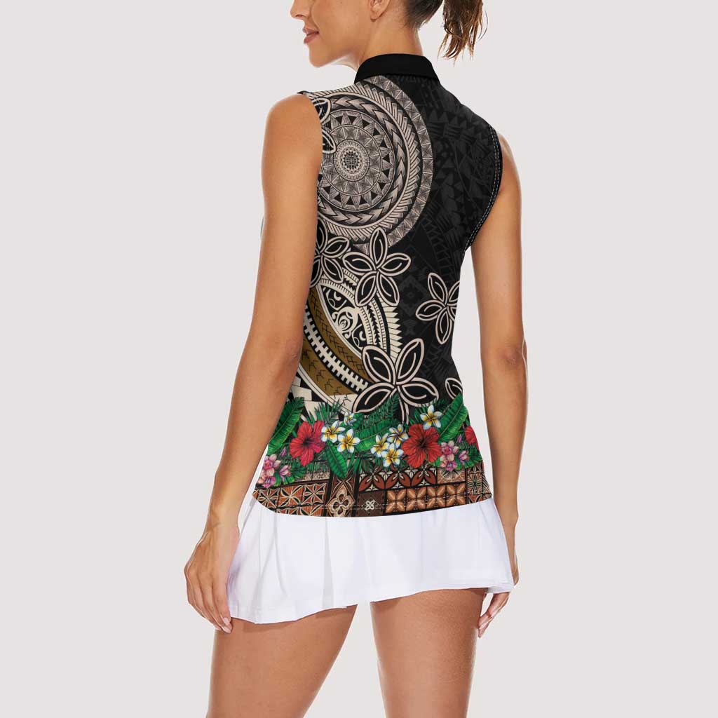 Samoa Siapo Polynesian Art Women Sleeveless Polo Shirt Tropical Flowers and Tatau Pattern Brown LT03 - Polynesian Pride