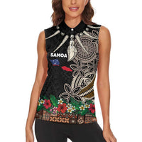 Samoa Siapo Polynesian Art Women Sleeveless Polo Shirt Tropical Flowers and Tatau Pattern Brown LT03 - Polynesian Pride