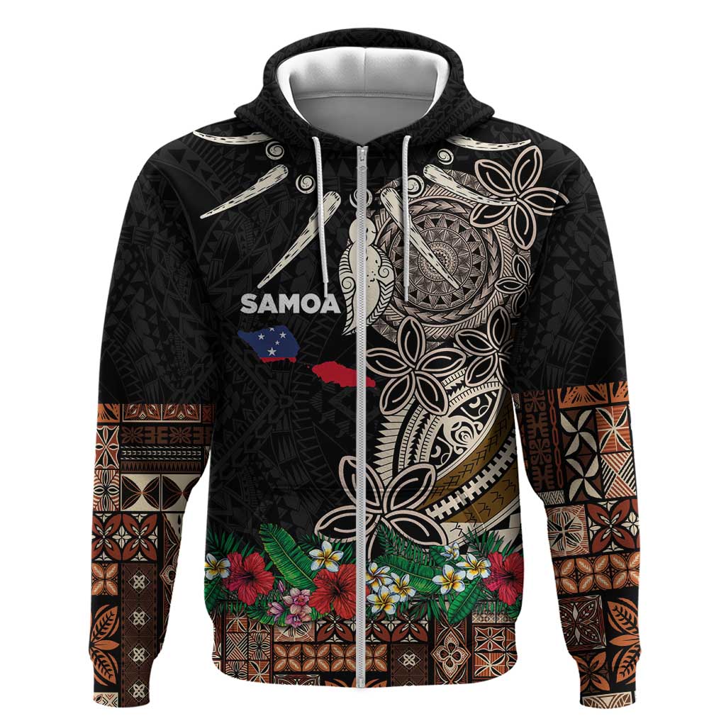 Samoa Siapo Polynesian Art Zip Hoodie Tropical Flowers and Tatau Pattern Brown LT03 Zip Hoodie Brown - Polynesian Pride