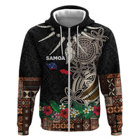 Samoa Siapo Polynesian Art Zip Hoodie Tropical Flowers and Tatau Pattern Brown LT03 Zip Hoodie Brown - Polynesian Pride