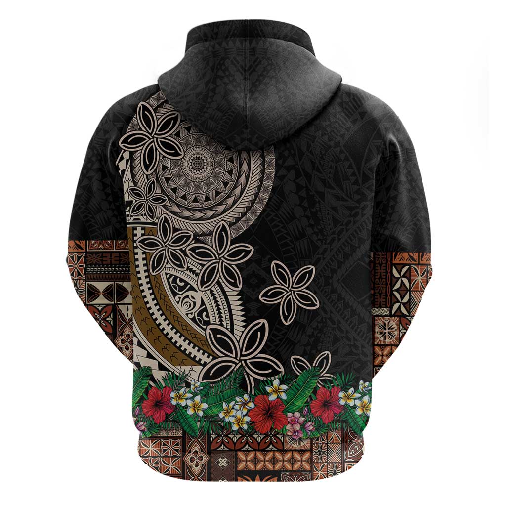 Samoa Siapo Polynesian Art Zip Hoodie Tropical Flowers and Tatau Pattern Brown LT03 - Polynesian Pride