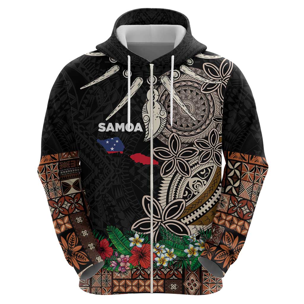 Samoa Siapo Polynesian Art Zip Hoodie Tropical Flowers and Tatau Pattern Brown LT03 - Polynesian Pride