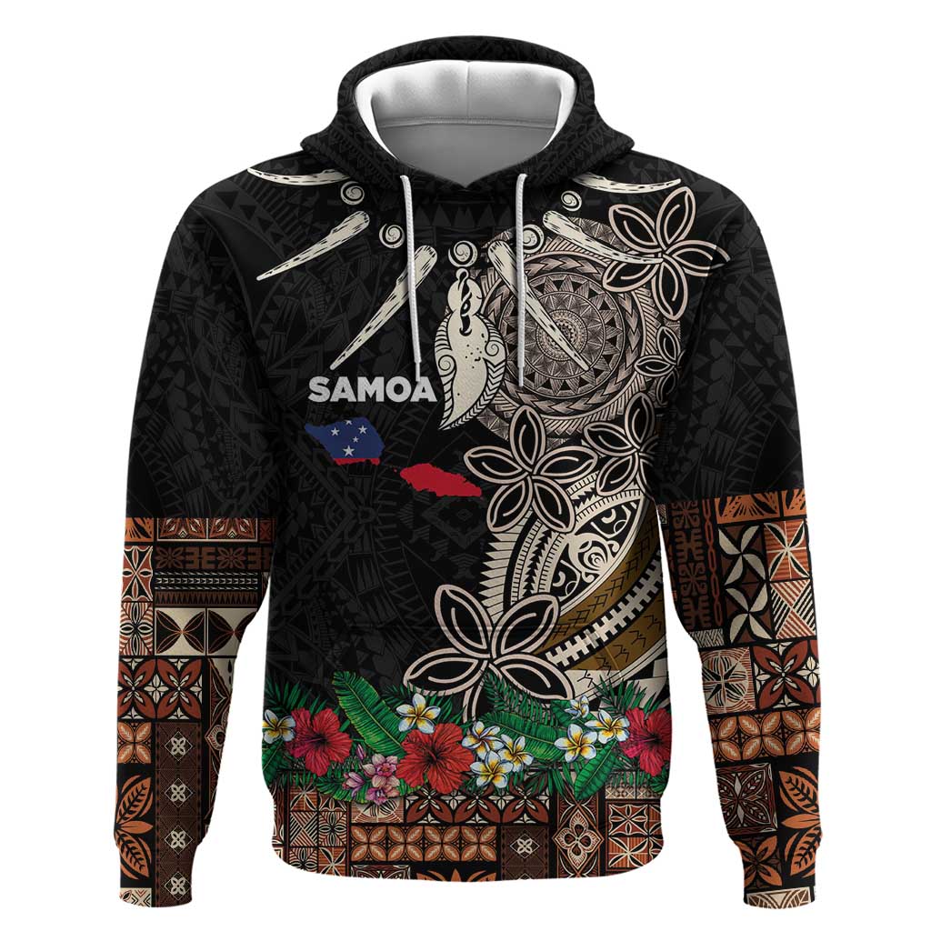 Samoa Siapo Polynesian Art Zip Hoodie Tropical Flowers and Tatau Pattern Brown LT03 Pullover Hoodie Brown - Polynesian Pride