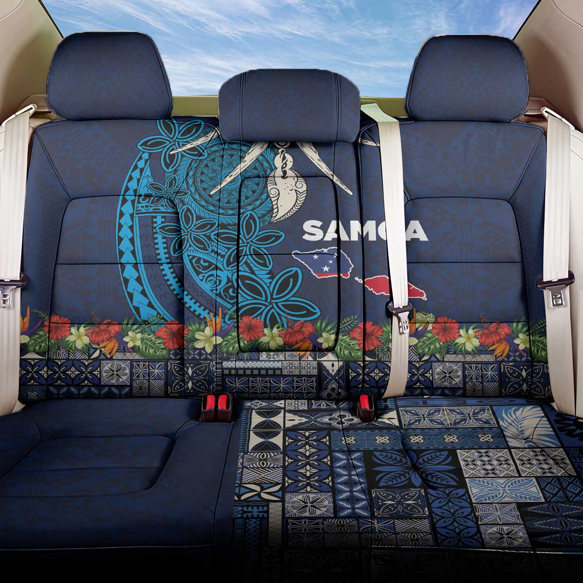 Samoa Siapo Polynesian Art Back Car Seat Cover Tropical Flowers and Tatau Pattern Navy