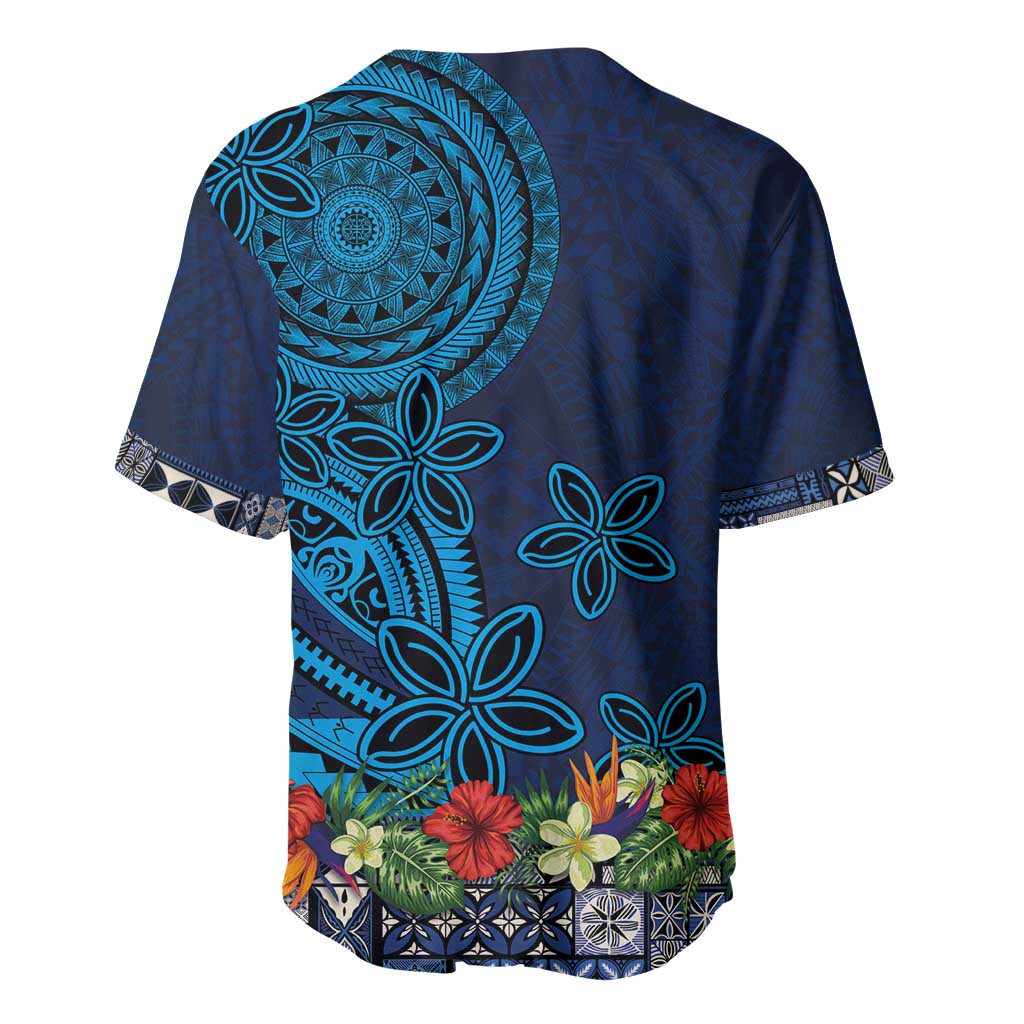 Samoa Siapo Polynesian Art Baseball Jersey Tropical Flowers and Tatau Pattern Navy