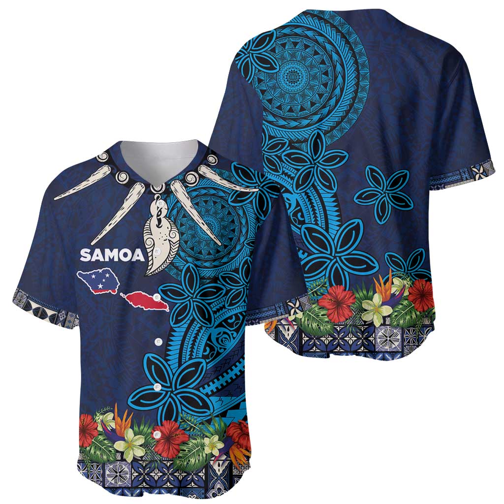 Samoa Siapo Polynesian Art Baseball Jersey Tropical Flowers and Tatau Pattern Navy