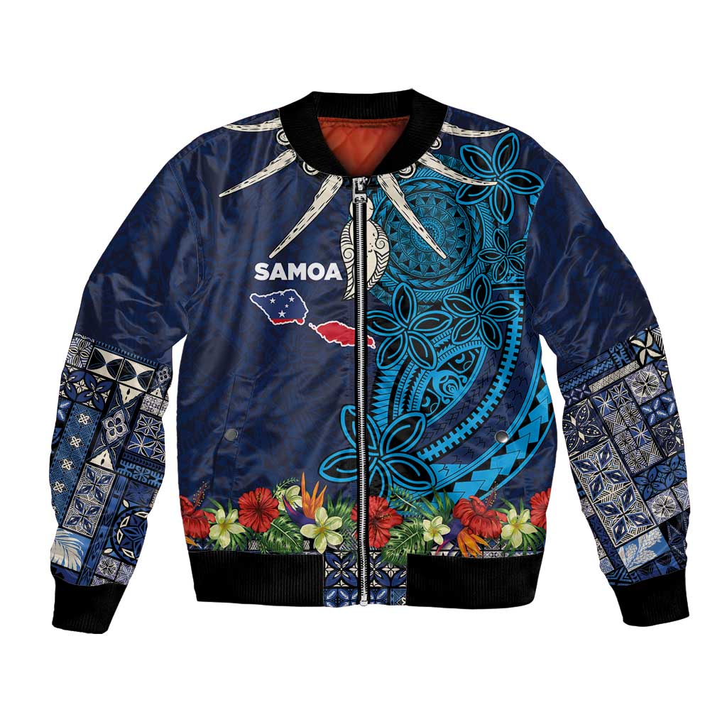 Samoa Siapo Polynesian Art Bomber Jacket Tropical Flowers and Tatau Pattern Navy LT03 Unisex Navy - Polynesian Pride