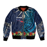 Samoa Siapo Polynesian Art Bomber Jacket Tropical Flowers and Tatau Pattern Navy LT03 Unisex Navy - Polynesian Pride