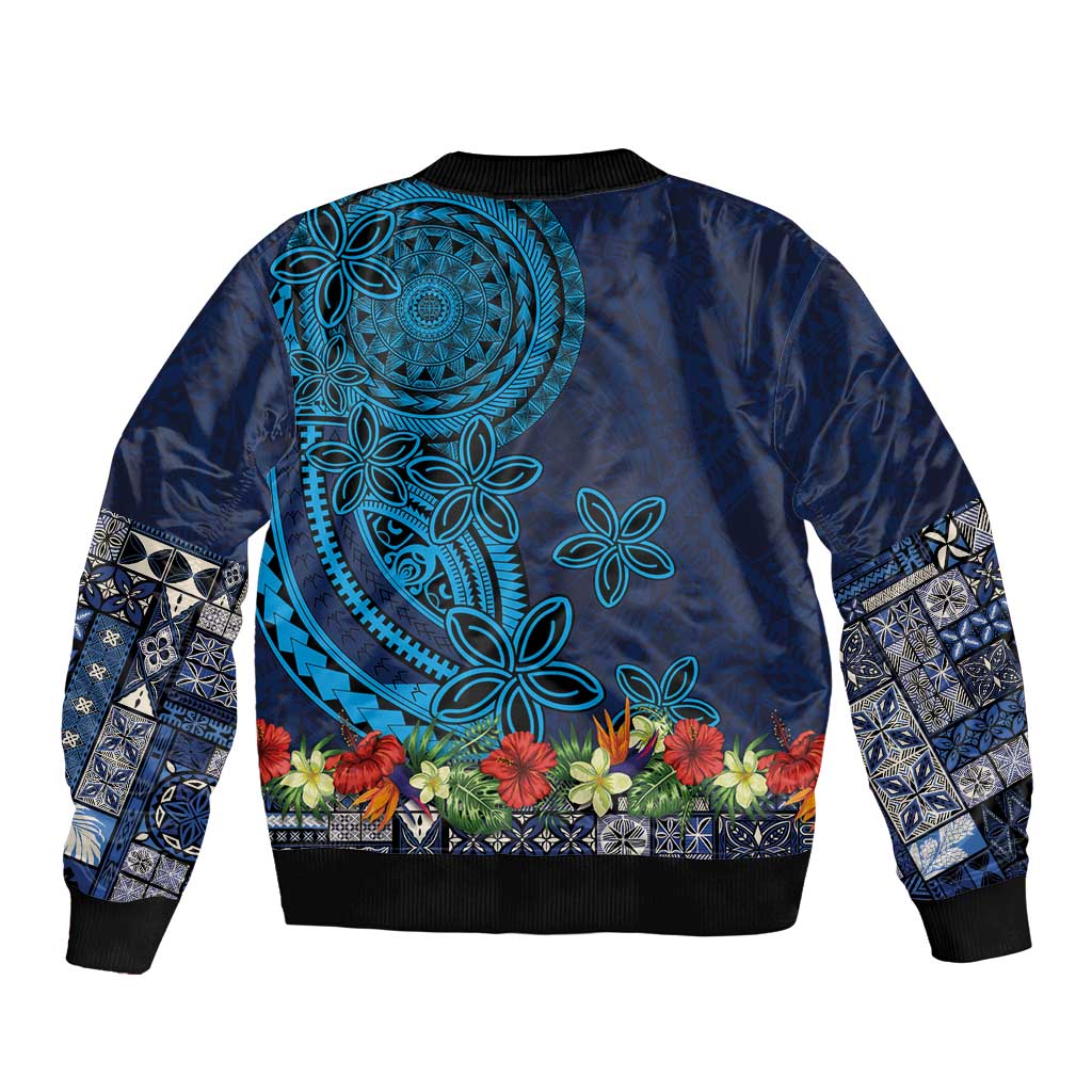 Samoa Siapo Polynesian Art Bomber Jacket Tropical Flowers and Tatau Pattern Navy LT03 - Polynesian Pride