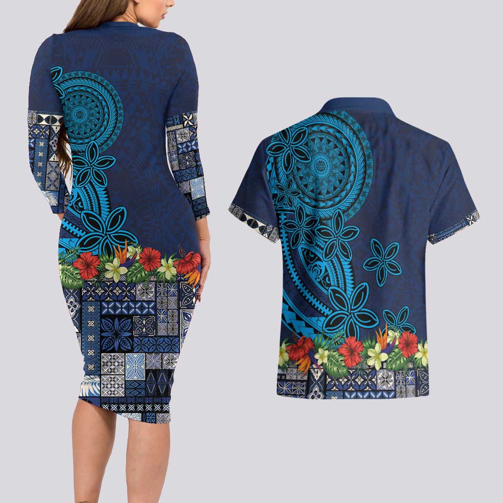 Samoa Siapo Polynesian Art Couples Matching Long Sleeve Bodycon Dress and Hawaiian Shirt Tropical Flowers and Tatau Pattern Navy