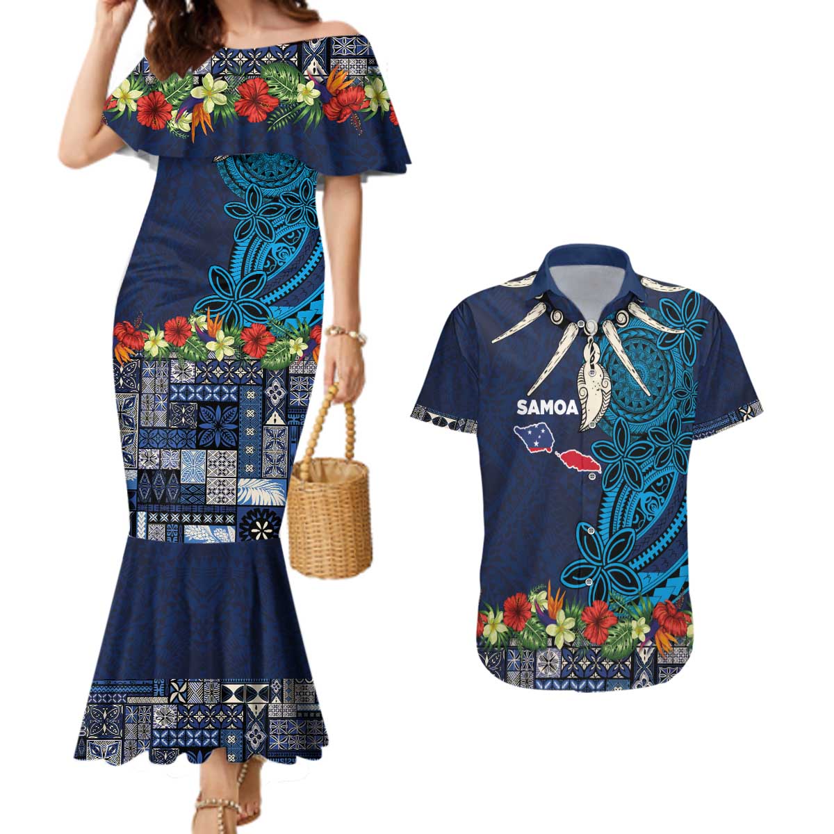 Samoa Siapo Polynesian Art Couples Matching Mermaid Dress and Hawaiian Shirt Tropical Flowers and Tatau Pattern Navy
