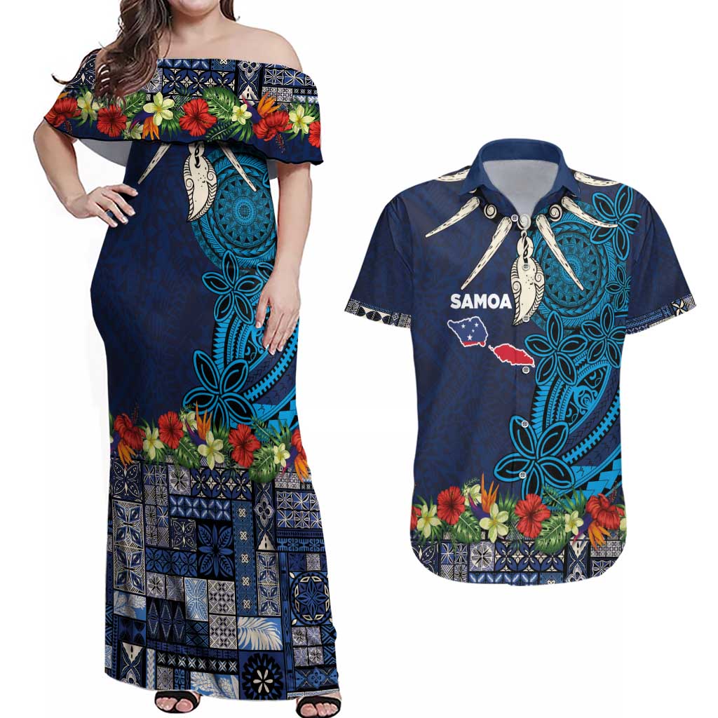 Samoa Siapo Polynesian Art Couples Matching Off Shoulder Maxi Dress and Hawaiian Shirt Tropical Flowers and Tatau Pattern Navy