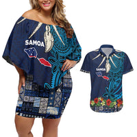 Samoa Siapo Polynesian Art Couples Matching Off Shoulder Short Dress and Hawaiian Shirt Tropical Flowers and Tatau Pattern Navy