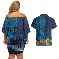 Samoa Siapo Polynesian Art Couples Matching Off Shoulder Short Dress and Hawaiian Shirt Tropical Flowers and Tatau Pattern Navy