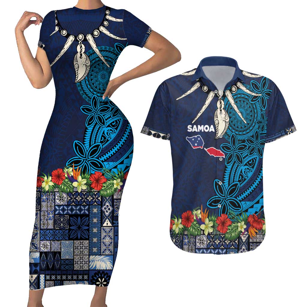 Samoa Siapo Polynesian Art Couples Matching Short Sleeve Bodycon Dress and Hawaiian Shirt Tropical Flowers and Tatau Pattern Navy