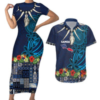Samoa Siapo Polynesian Art Couples Matching Short Sleeve Bodycon Dress and Hawaiian Shirt Tropical Flowers and Tatau Pattern Navy
