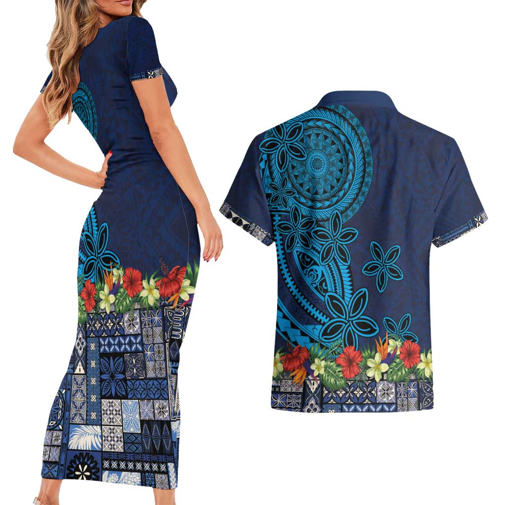 Samoa Siapo Polynesian Art Couples Matching Short Sleeve Bodycon Dress and Hawaiian Shirt Tropical Flowers and Tatau Pattern Navy