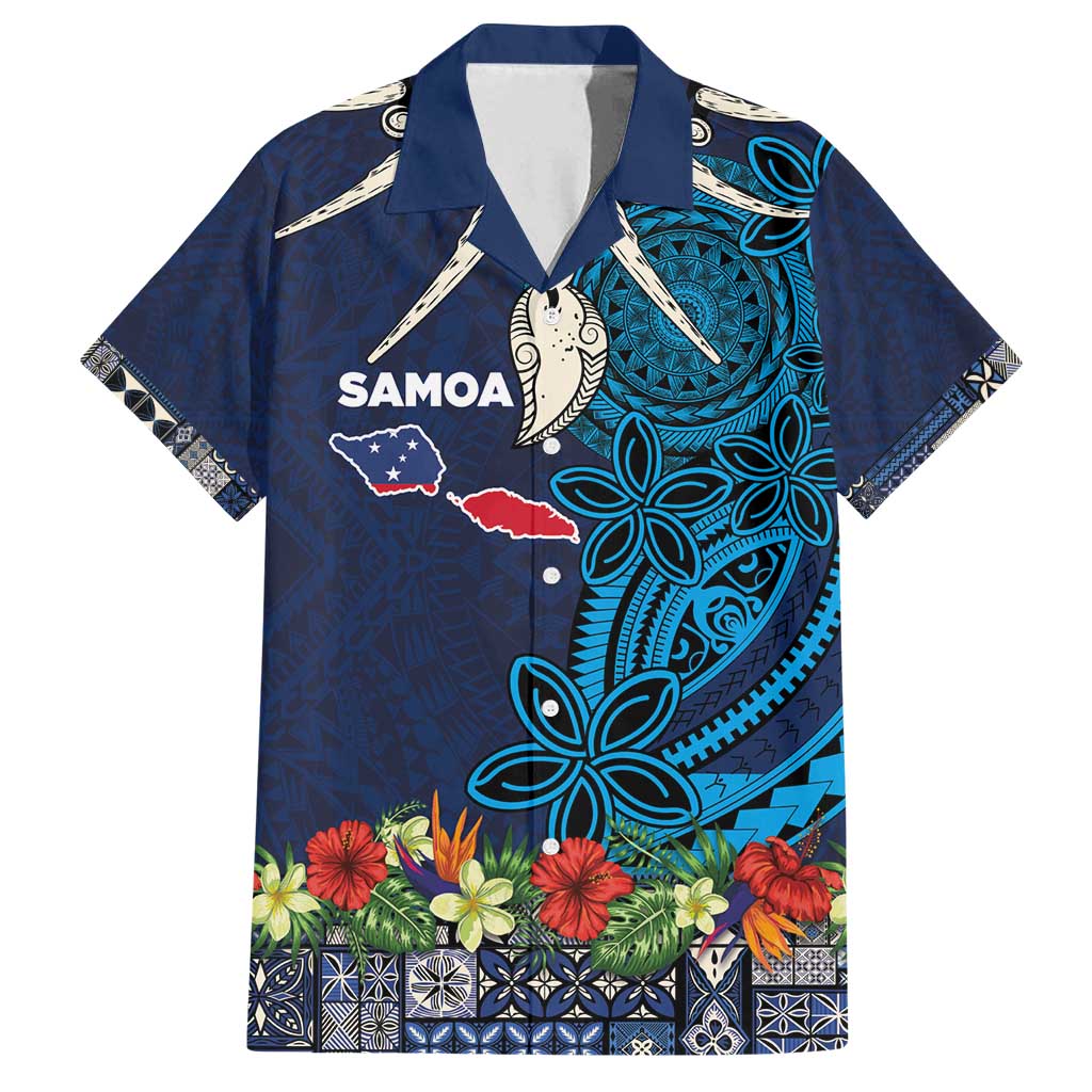 Samoa Siapo Polynesian Art Family Matching Long Sleeve Bodycon Dress and Hawaiian Shirt Tropical Flowers and Tatau Pattern Navy