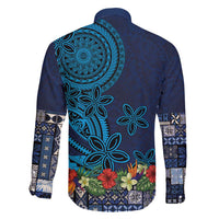 Samoa Siapo Polynesian Art Family Matching Long Sleeve Bodycon Dress and Hawaiian Shirt Tropical Flowers and Tatau Pattern Navy