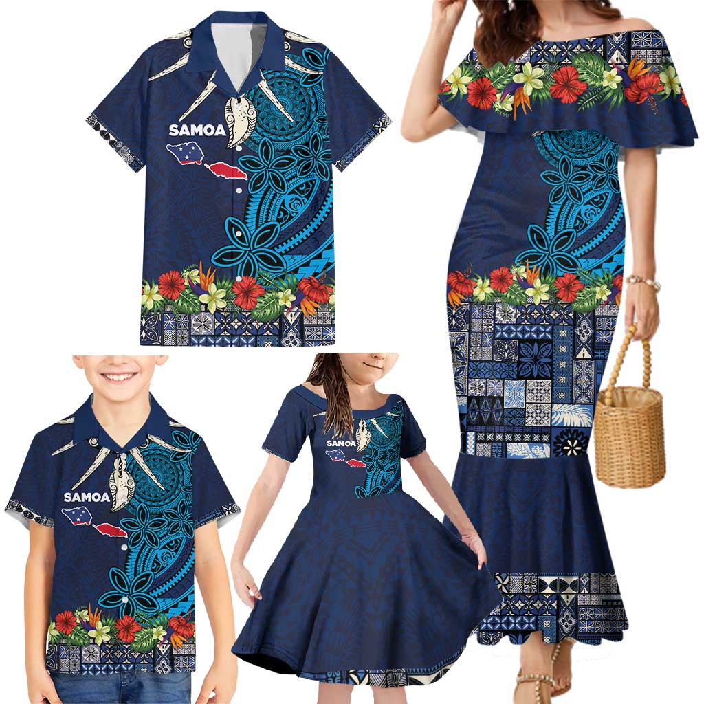 Samoa Siapo Polynesian Art Family Matching Mermaid Dress and Hawaiian Shirt Tropical Flowers and Tatau Pattern Navy