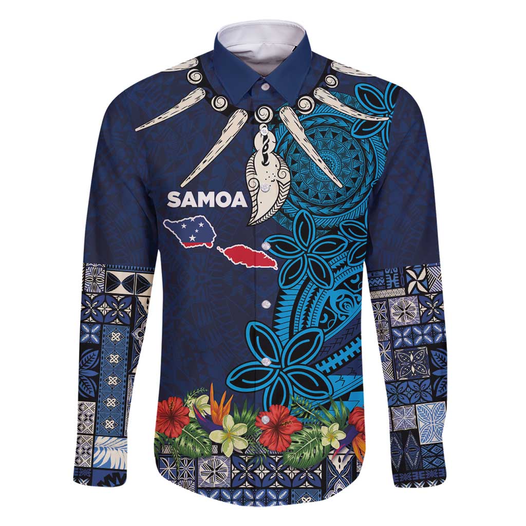 Samoa Siapo Polynesian Art Family Matching Mermaid Dress and Hawaiian Shirt Tropical Flowers and Tatau Pattern Navy