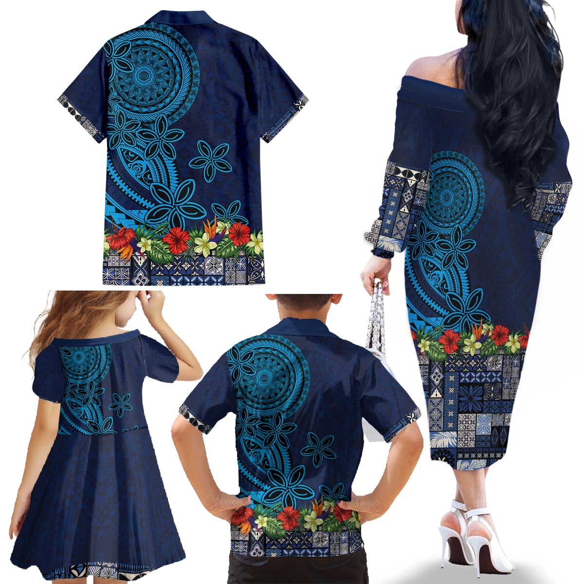 Samoa Siapo Polynesian Art Family Matching Off The Shoulder Long Sleeve Dress and Hawaiian Shirt Tropical Flowers and Tatau Pattern Navy
