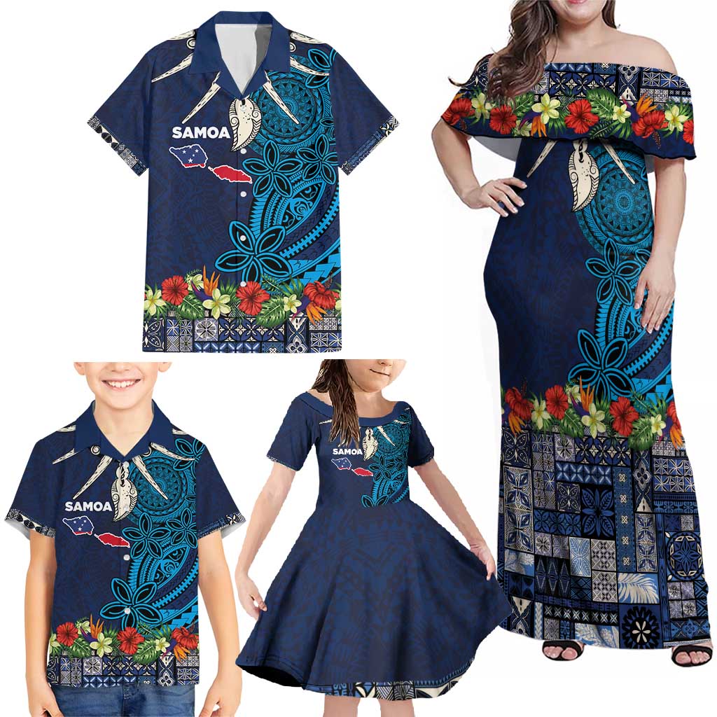 Samoa Siapo Polynesian Art Family Matching Off Shoulder Maxi Dress and Hawaiian Shirt Tropical Flowers and Tatau Pattern Navy
