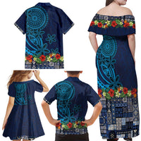 Samoa Siapo Polynesian Art Family Matching Off Shoulder Maxi Dress and Hawaiian Shirt Tropical Flowers and Tatau Pattern Navy