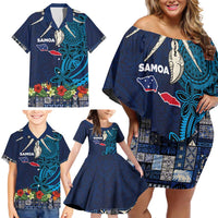 Samoa Siapo Polynesian Art Family Matching Off Shoulder Short Dress and Hawaiian Shirt Tropical Flowers and Tatau Pattern Navy