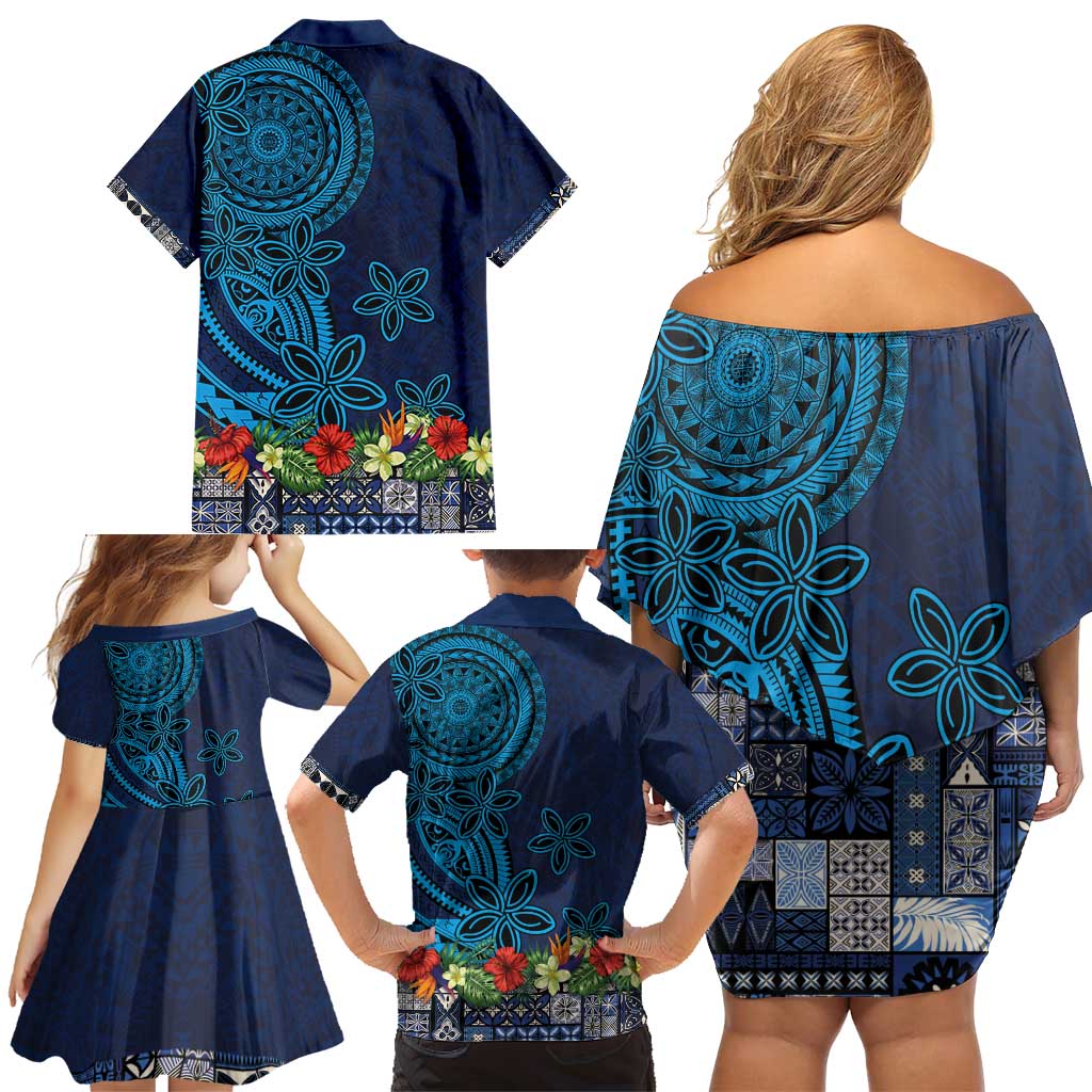 Samoa Siapo Polynesian Art Family Matching Off Shoulder Short Dress and Hawaiian Shirt Tropical Flowers and Tatau Pattern Navy