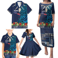 Samoa Siapo Polynesian Art Family Matching Puletasi and Hawaiian Shirt Tropical Flowers and Tatau Pattern Navy