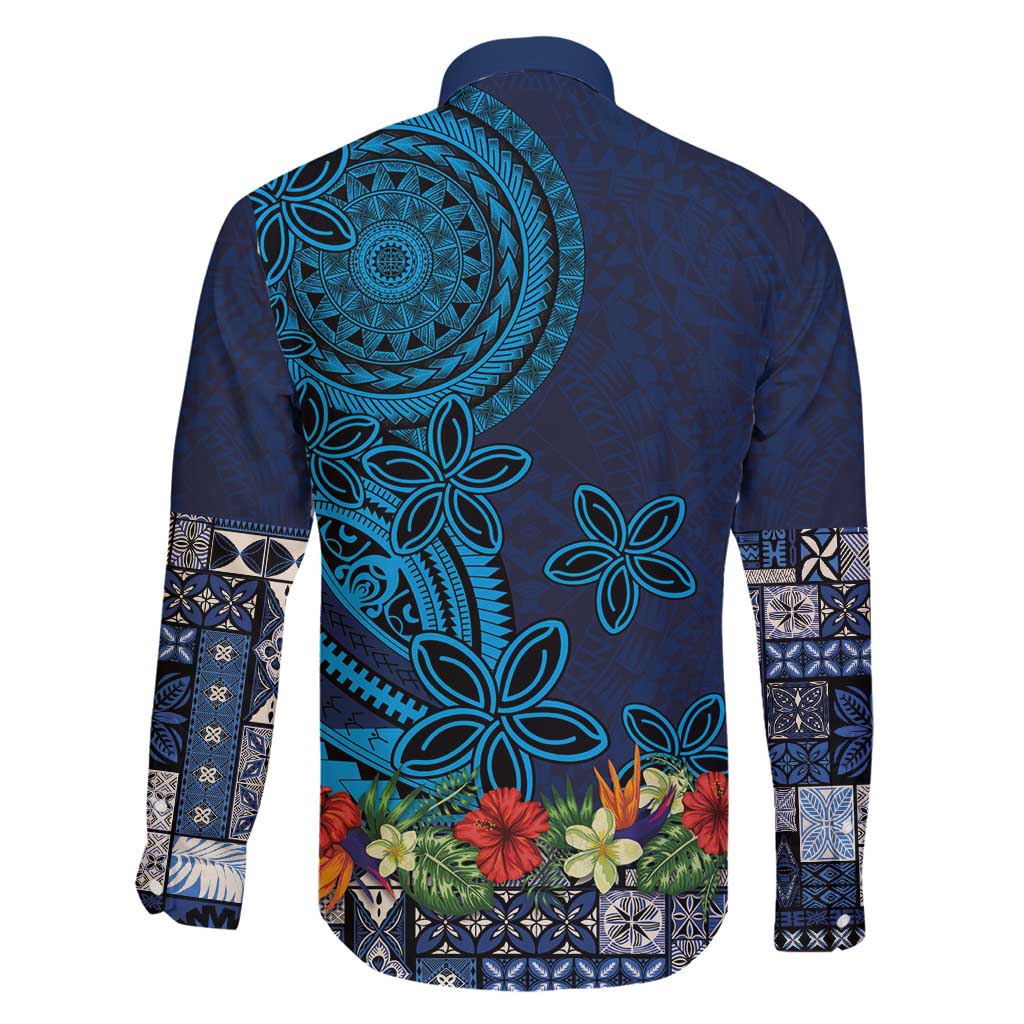 Samoa Siapo Polynesian Art Family Matching Puletasi and Hawaiian Shirt Tropical Flowers and Tatau Pattern Navy