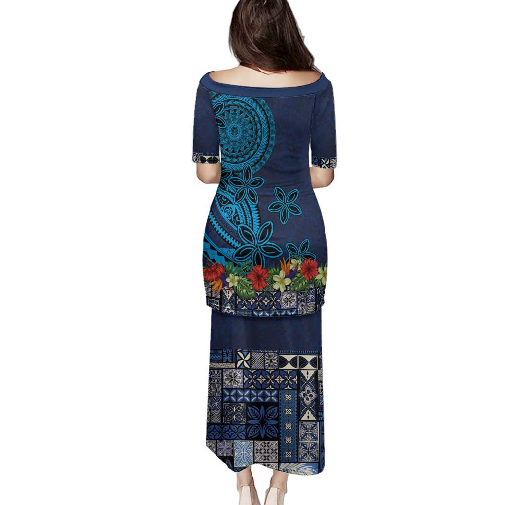 Samoa Siapo Polynesian Art Family Matching Puletasi and Hawaiian Shirt Tropical Flowers and Tatau Pattern Navy