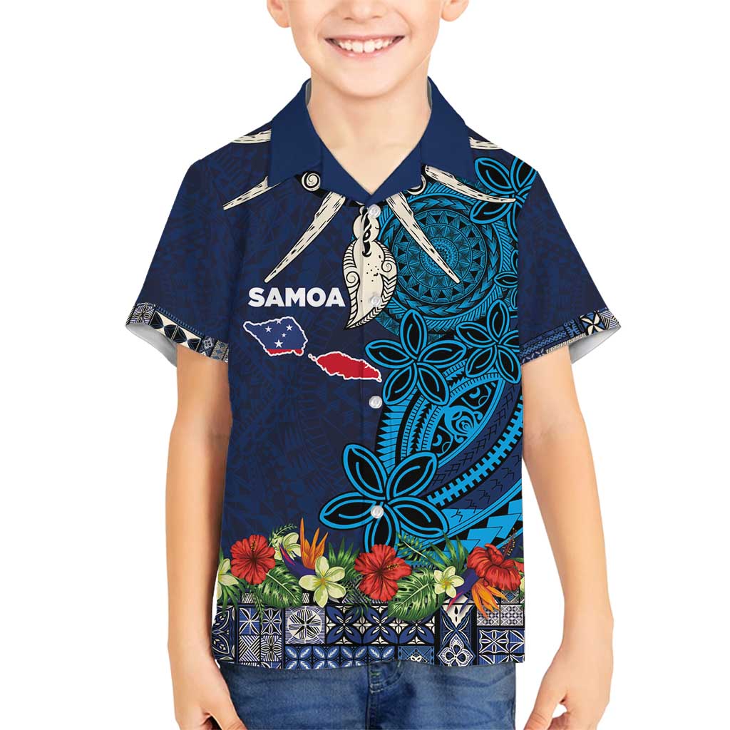 Samoa Siapo Polynesian Art Family Matching Puletasi and Hawaiian Shirt Tropical Flowers and Tatau Pattern Navy