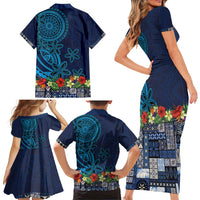 Samoa Siapo Polynesian Art Family Matching Short Sleeve Bodycon Dress and Hawaiian Shirt Tropical Flowers and Tatau Pattern Navy