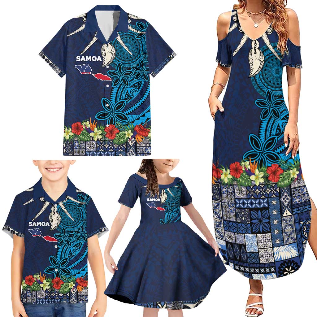 Samoa Siapo Polynesian Art Family Matching Summer Maxi Dress and Hawaiian Shirt Tropical Flowers and Tatau Pattern Navy