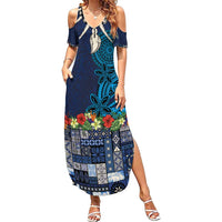 Samoa Siapo Polynesian Art Family Matching Summer Maxi Dress and Hawaiian Shirt Tropical Flowers and Tatau Pattern Navy