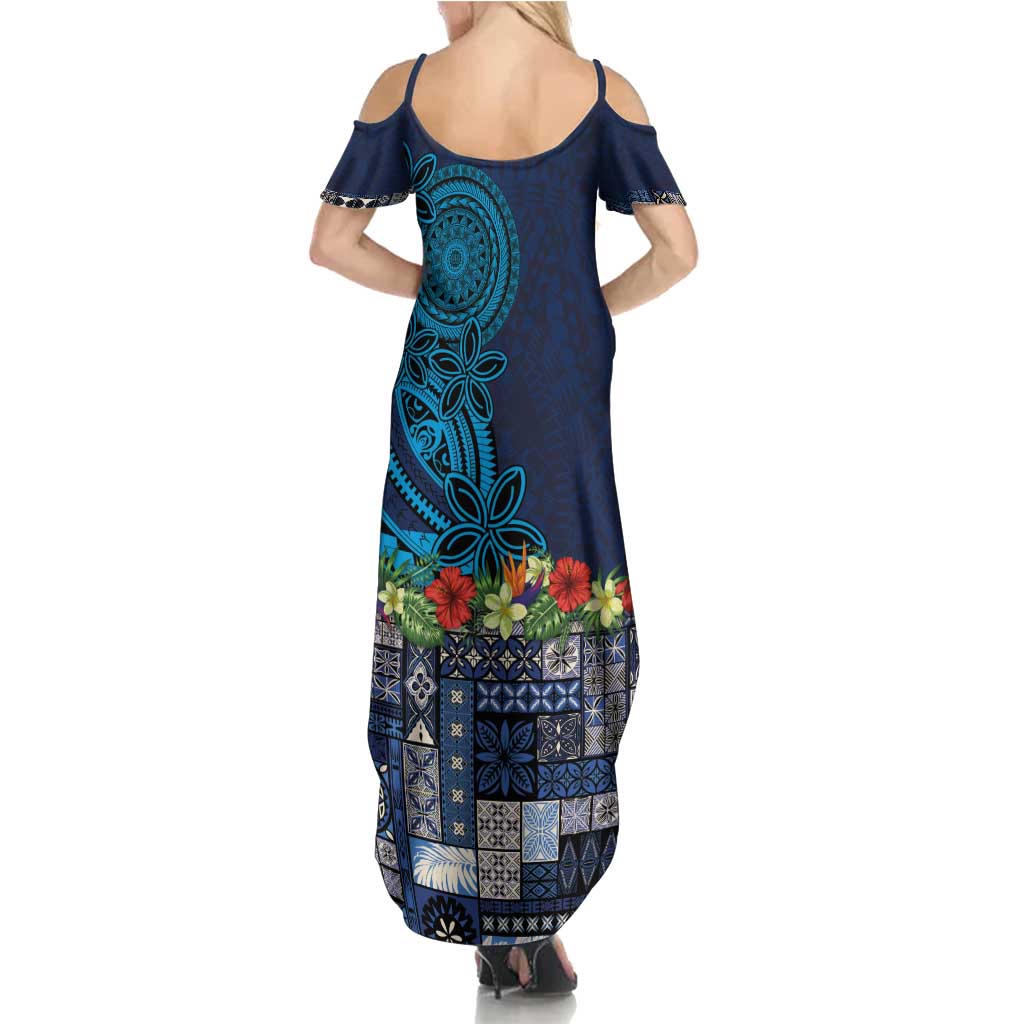 Samoa Siapo Polynesian Art Family Matching Summer Maxi Dress and Hawaiian Shirt Tropical Flowers and Tatau Pattern Navy