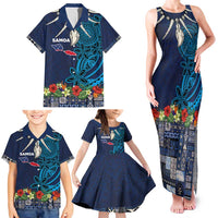 Samoa Siapo Polynesian Art Family Matching Tank Maxi Dress and Hawaiian Shirt Tropical Flowers and Tatau Pattern Navy