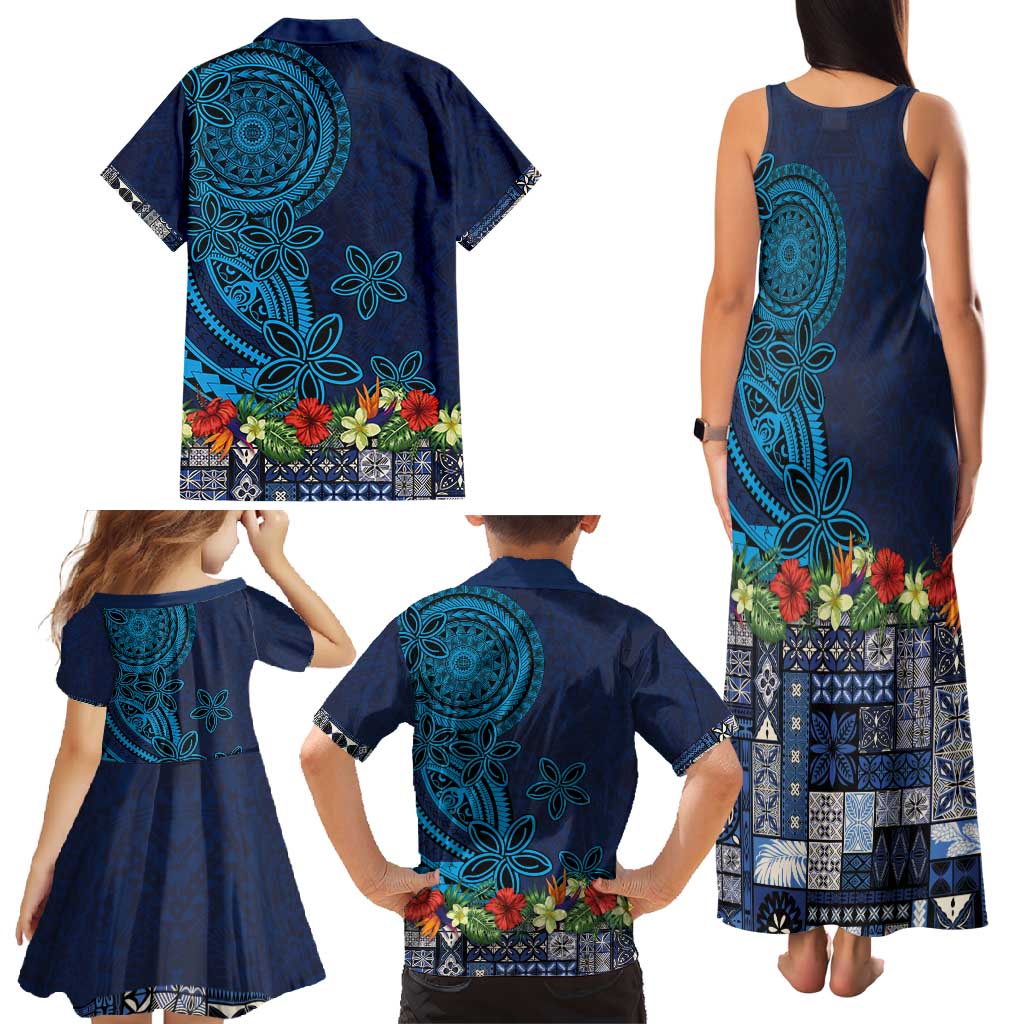 Samoa Siapo Polynesian Art Family Matching Tank Maxi Dress and Hawaiian Shirt Tropical Flowers and Tatau Pattern Navy