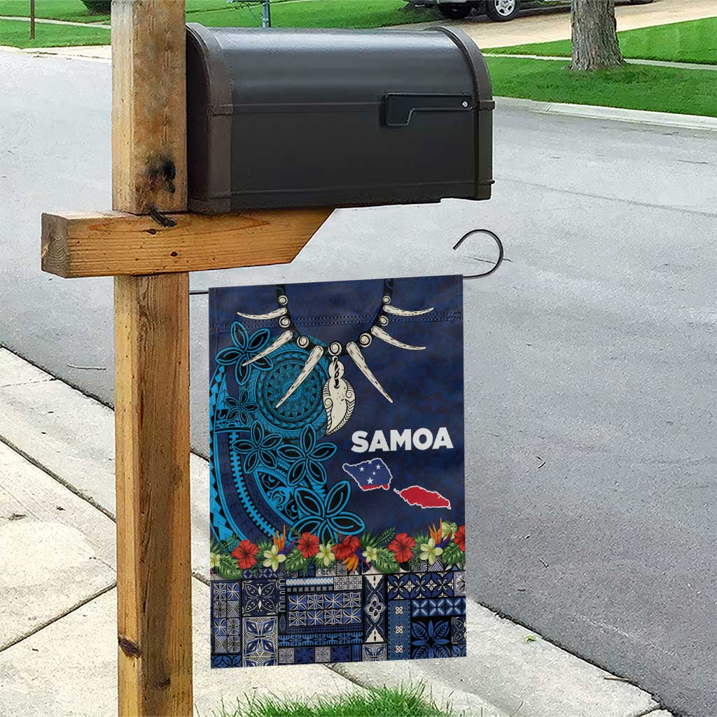 Samoa Siapo Polynesian Art Garden Flag Tropical Flowers and Tatau Pattern Navy