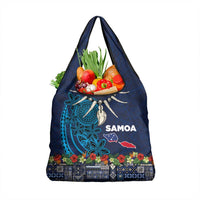 Samoa Siapo Polynesian Art Grocery Bag Tropical Flowers and Tatau Pattern Navy