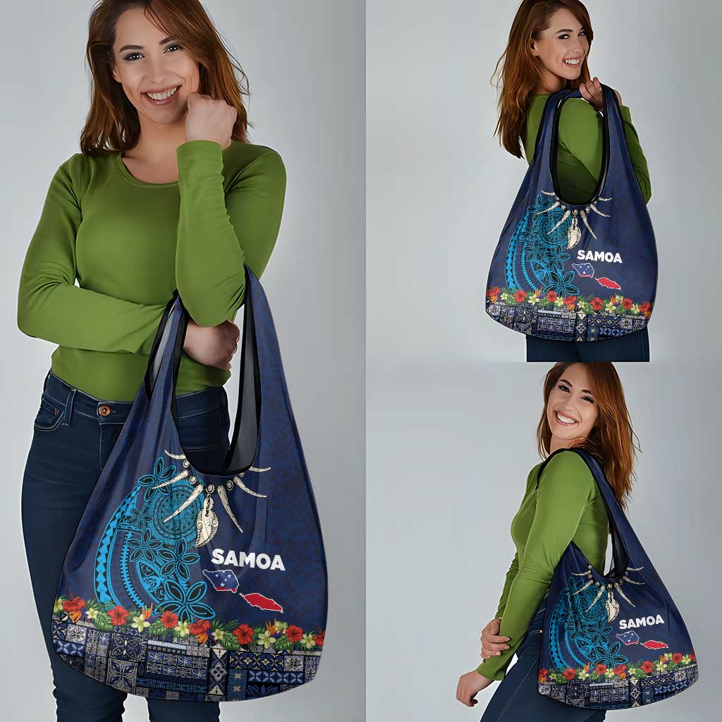 Samoa Siapo Polynesian Art Grocery Bag Tropical Flowers and Tatau Pattern Navy