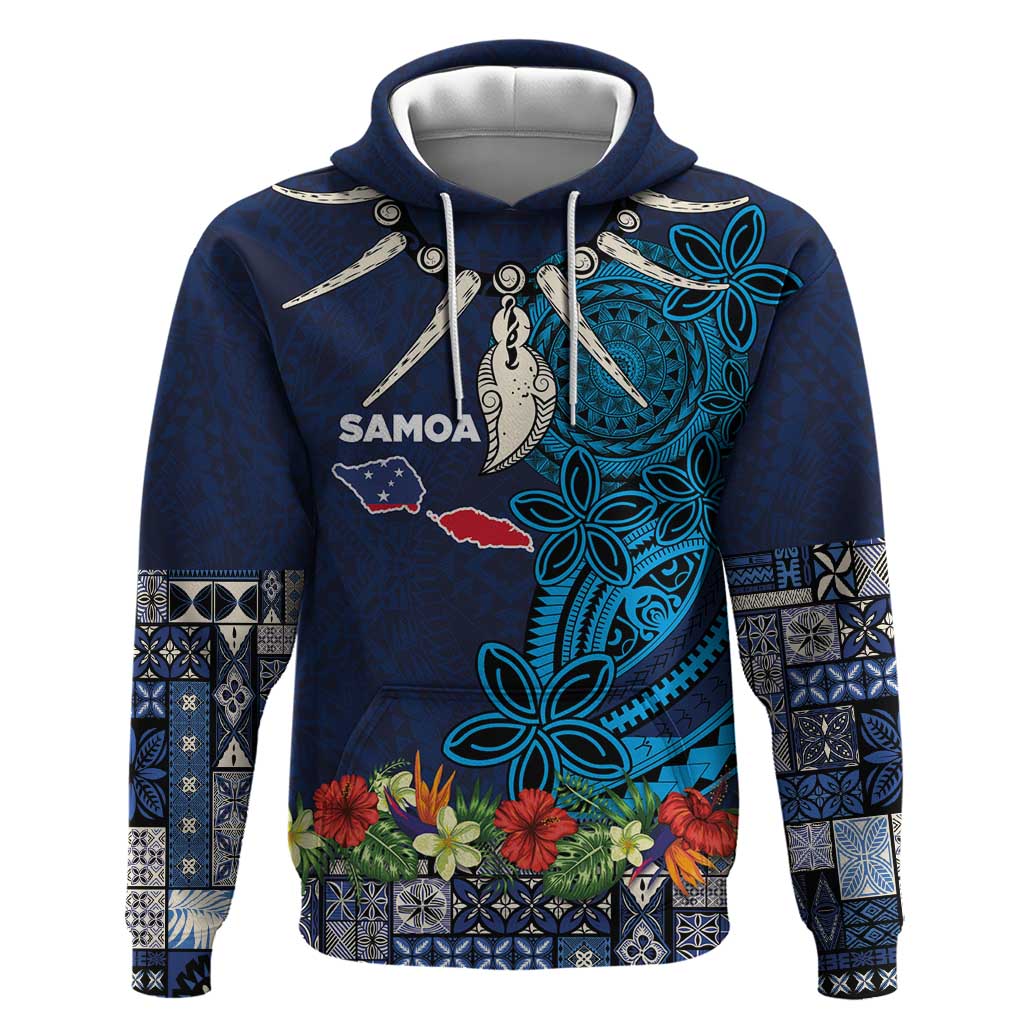 Samoa Siapo Polynesian Art Hoodie Tropical Flowers and Tatau Pattern Navy