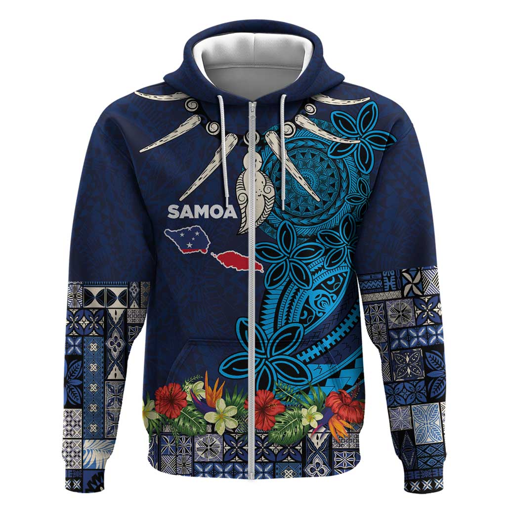 Samoa Siapo Polynesian Art Hoodie Tropical Flowers and Tatau Pattern Navy