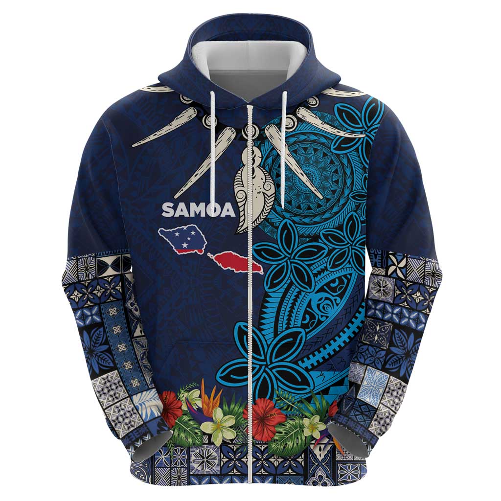 Samoa Siapo Polynesian Art Hoodie Tropical Flowers and Tatau Pattern Navy