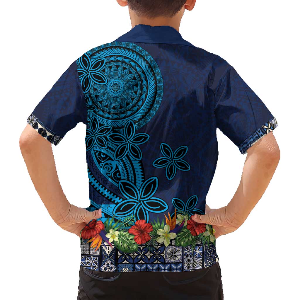 Samoa Siapo Polynesian Art Kid Hawaiian Shirt Tropical Flowers and Tatau Pattern Navy LT03 - Polynesian Pride