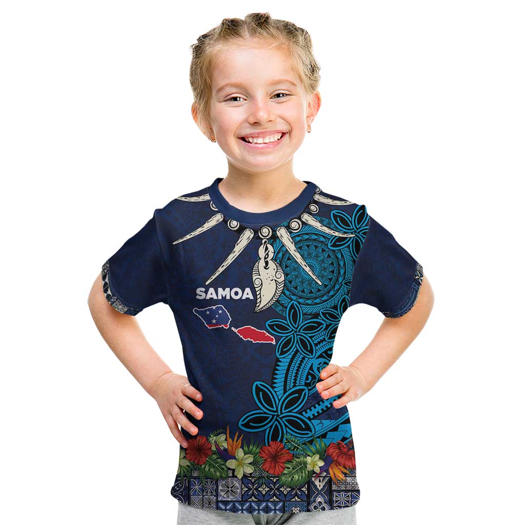 Samoa Siapo Polynesian Art Kid T Shirt Tropical Flowers and Tatau Pattern Navy