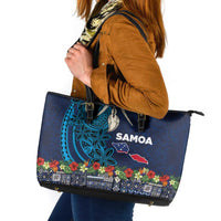 Samoa Siapo Polynesian Art Leather Tote Bag Tropical Flowers and Tatau Pattern Navy